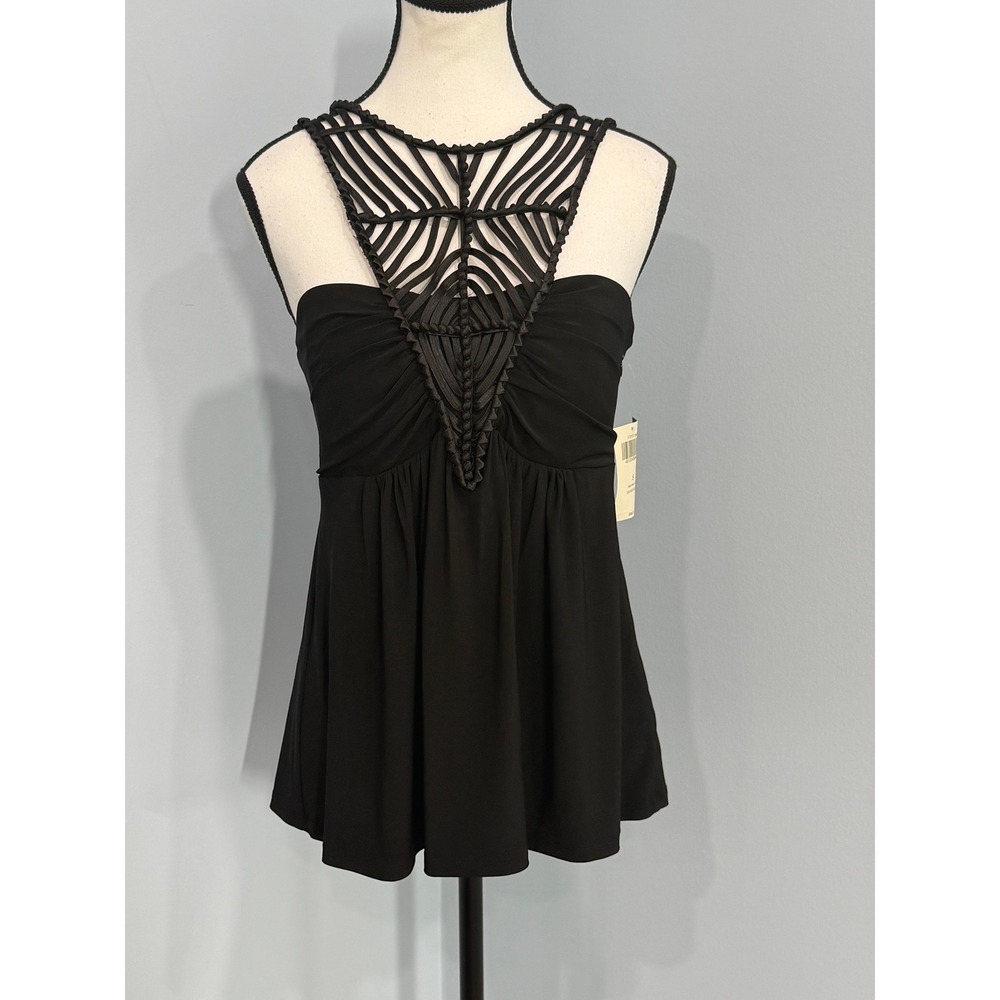 NWT Boston Proper Macrame Caged Neckline Babydoll Top Black Sleeveless Small